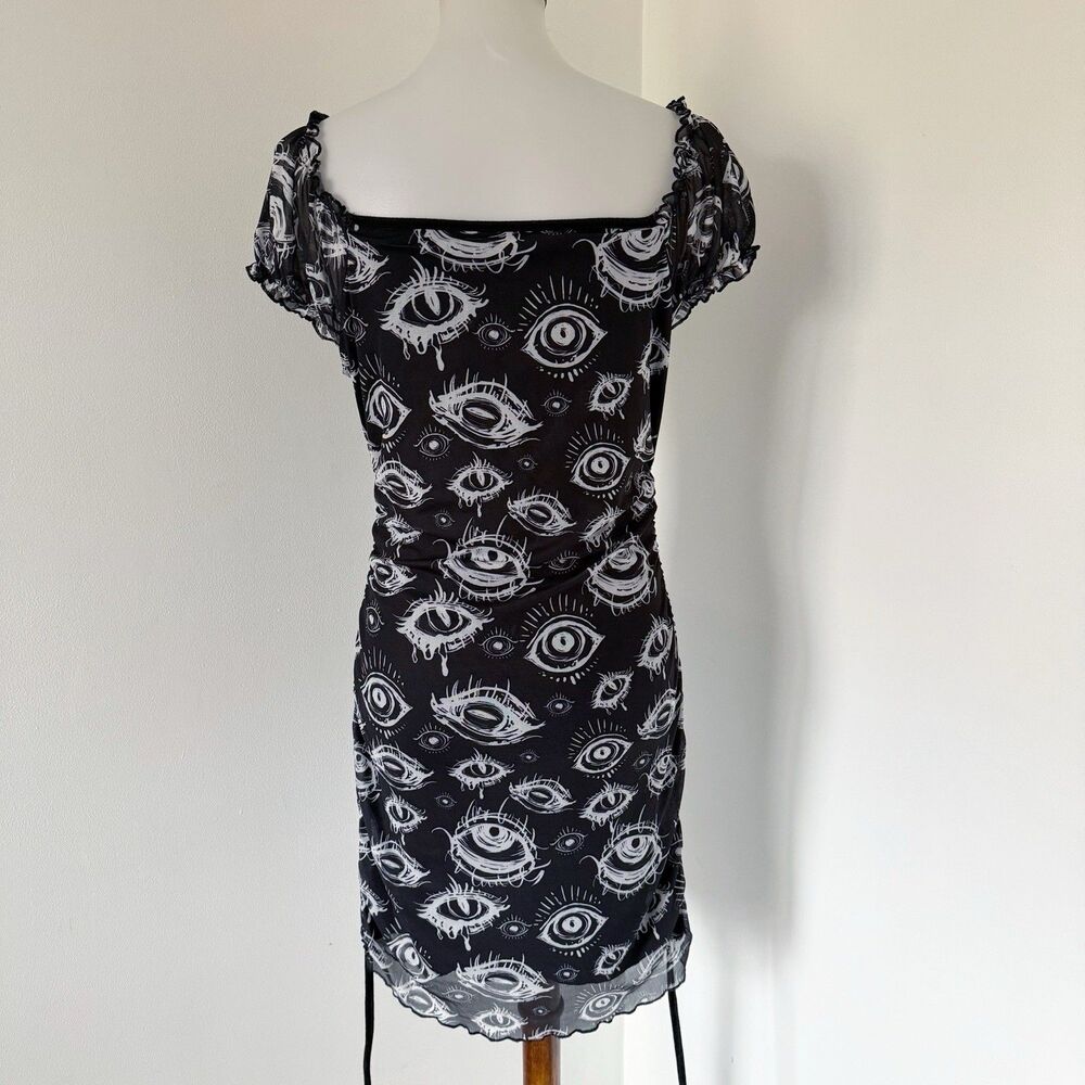 Grunge Punk Eye Eyeball Goth Drawstring Cinched Black Dress L Large Ruched - Picture 8 of 16